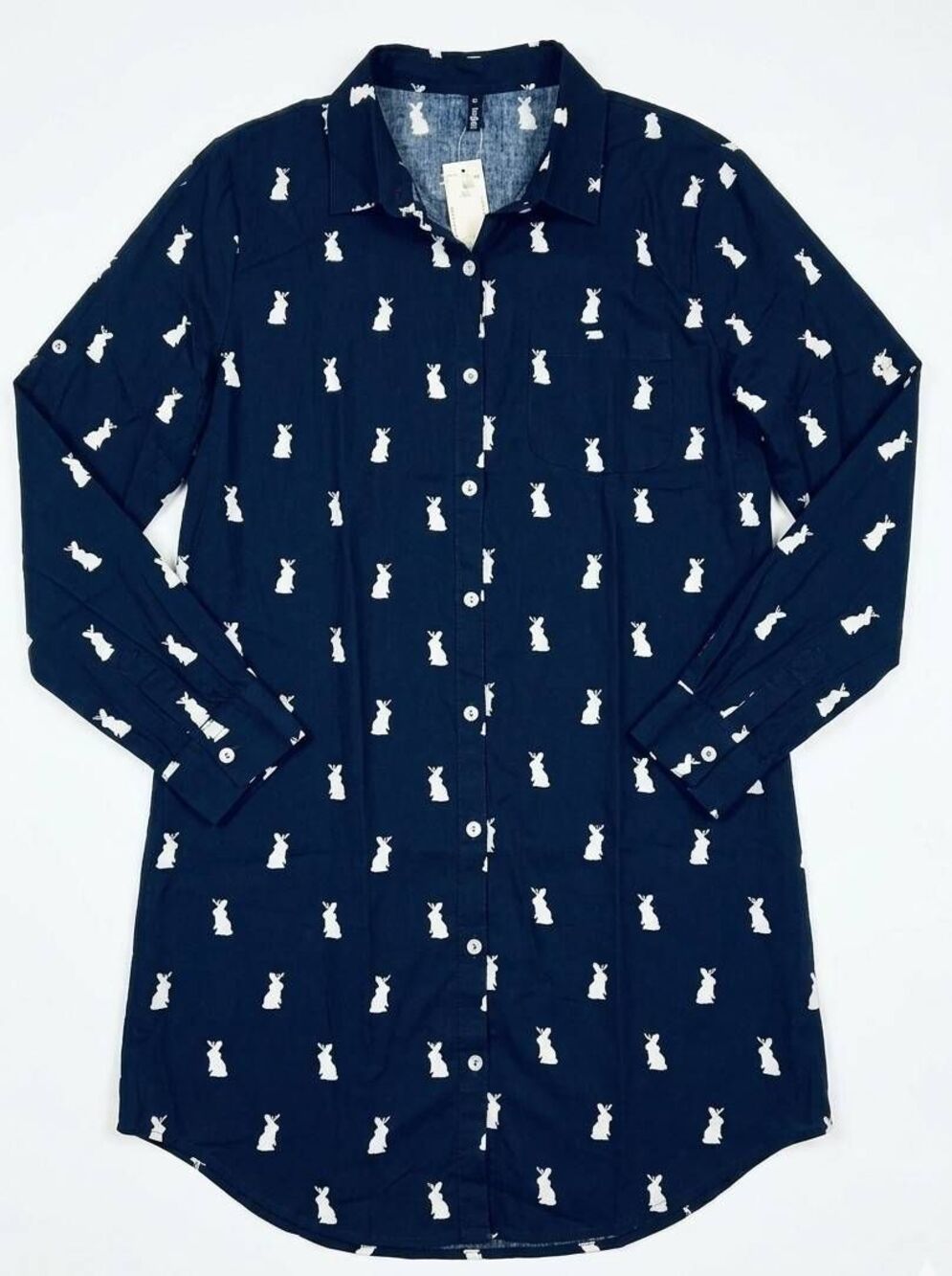 🔥NWT Blue & White Rabbit/Jackelope Print Buttoned Shirt Dress Medium
